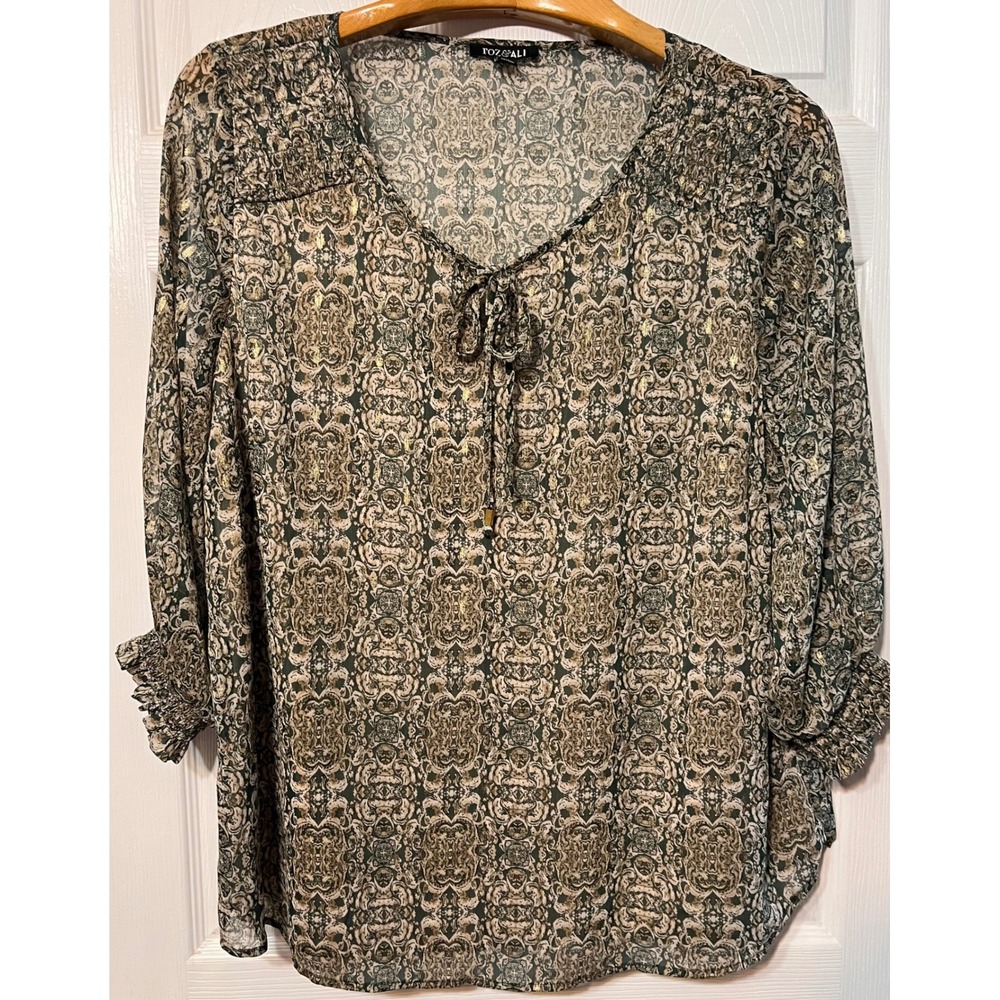 Roz & Ali Womens 2X Green Gold Metallic Damask Smocked 3/4 Sleeve Blouse Top
